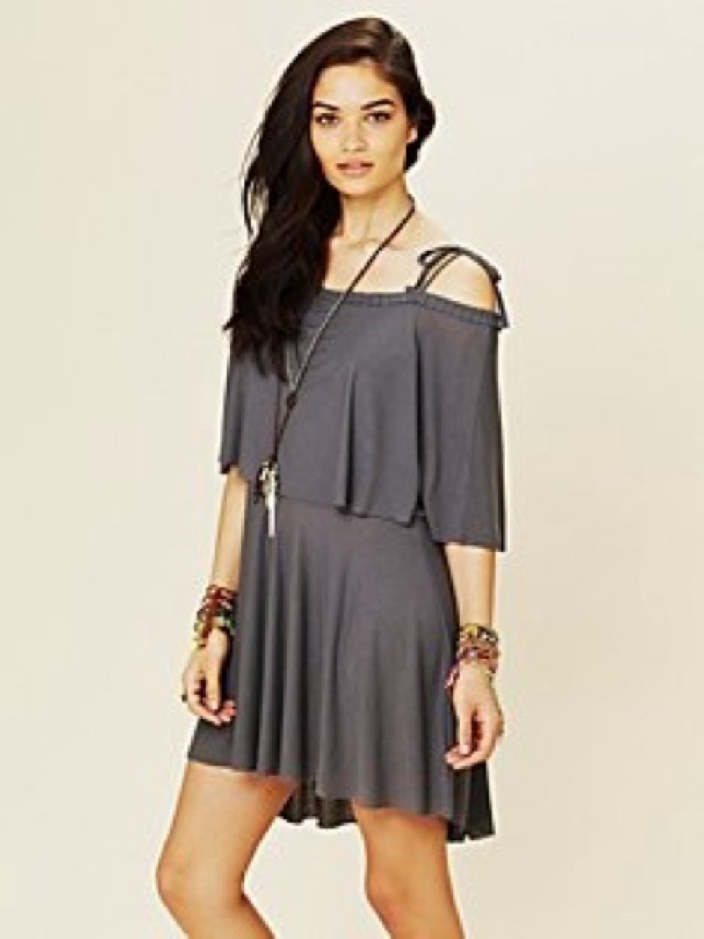 Cold-Shoulder FP Beach Swing Dress in Charcoal Gray
